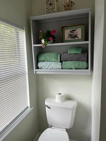 a bathroom with a toilet and a window