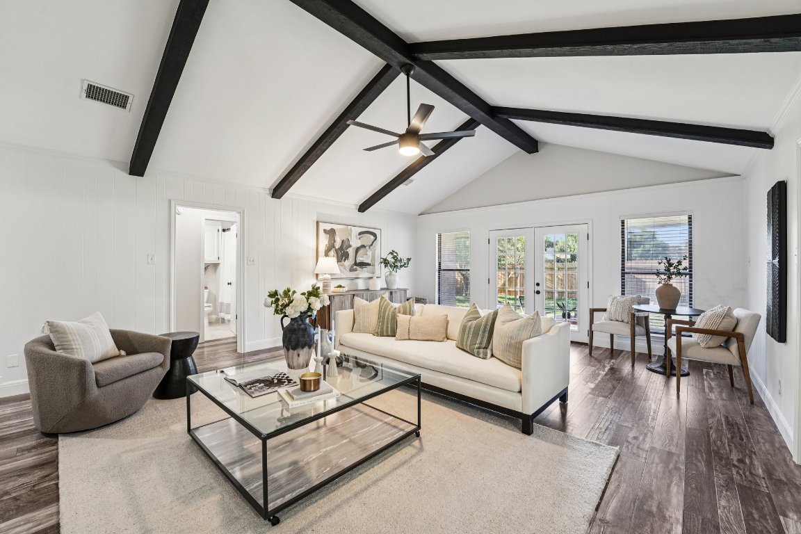 5307 Beckett Circle Austin, TX 78749 - Photo 4 of 29 Living area with french doors, dark wood-style floors, and a ceiling fan