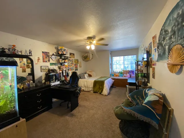 a bed room with a bed and a desk