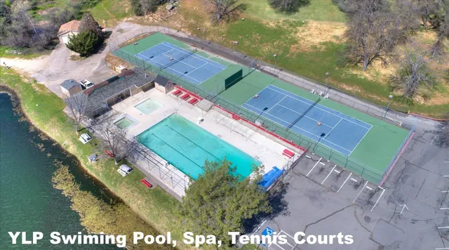 an aerial view of a swimming pool