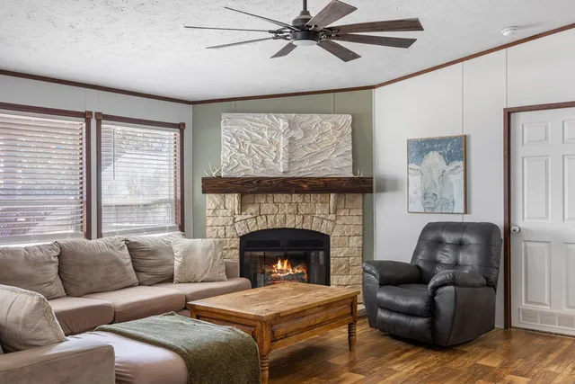 a living room with furniture and a fireplace