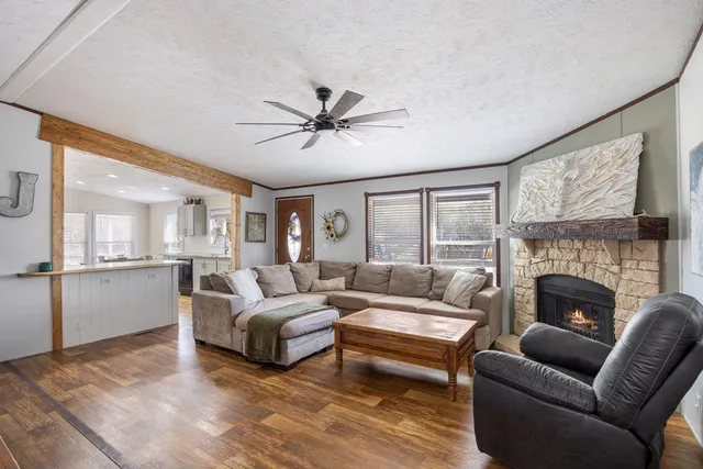 a living room with furniture and a fireplace