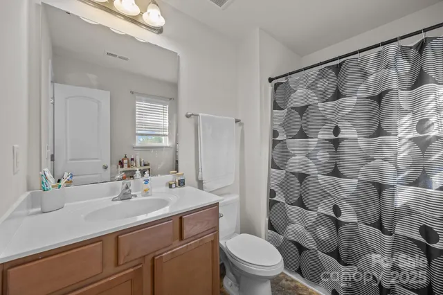 a bathroom with a sink a toilet and shower curtain