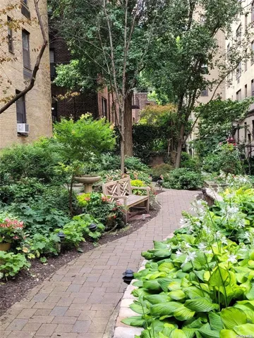 a view of a garden with flowers