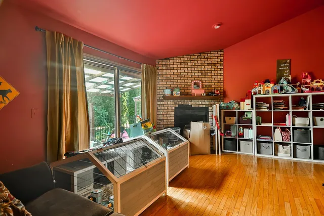 a room with furniture and a fireplace