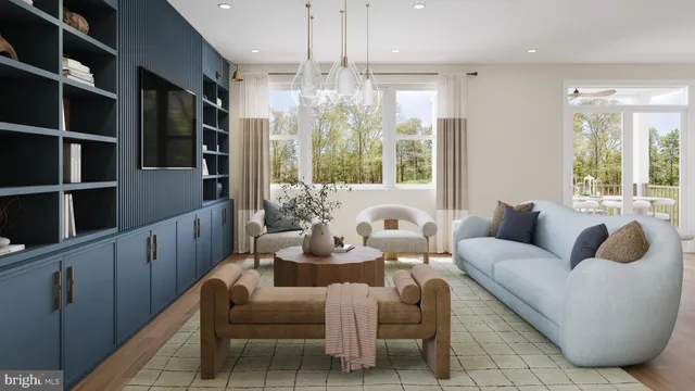 a living room with furniture or window and a chandelier