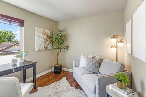 a living room with furniture and a potted plant