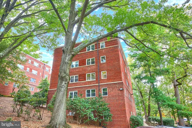 a view of a brick building with many windows
