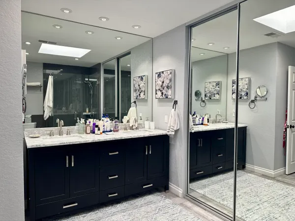 a bathroom with a sink vanity shower and a mirror