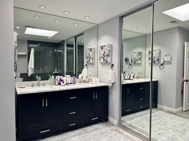 a bathroom with a sink vanity shower and a mirror