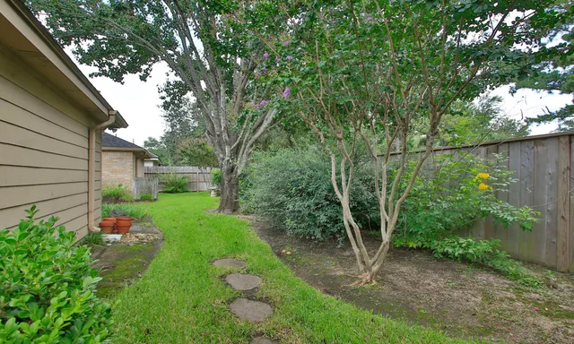 a view of a backyard with large trees