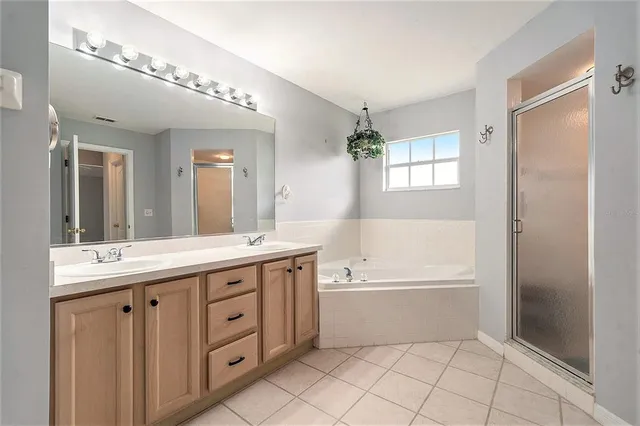 a bathroom with a double vanity sink a mirror and a bathtub