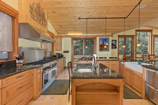 a kitchen with stainless steel appliances granite countertop a sink and wooden cabinets
