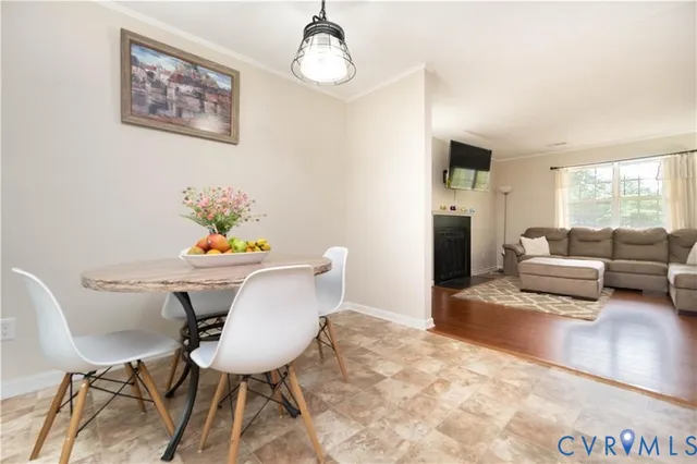 a view of a dining room with furniture