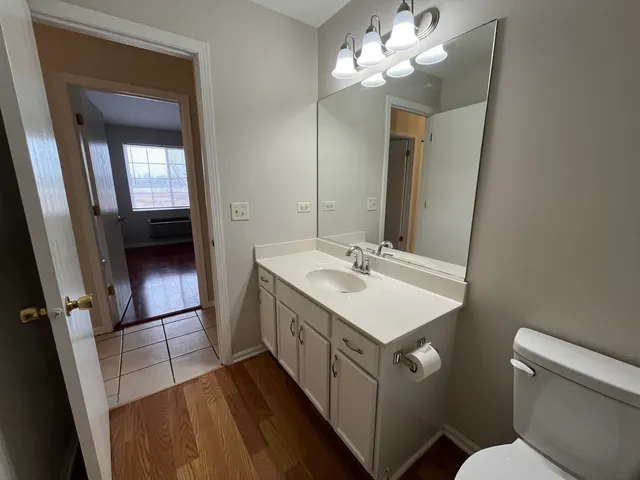 a bathroom with a sink a toilet a mirror and vanity