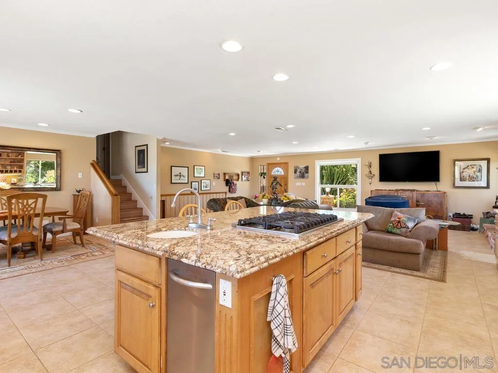 29513 Anthony Road Valley Center, CA 92082 - Photo 16 of 59 a open kitchen with kitchen island a stove a sink dishwasher and a fireplace with wooden floor