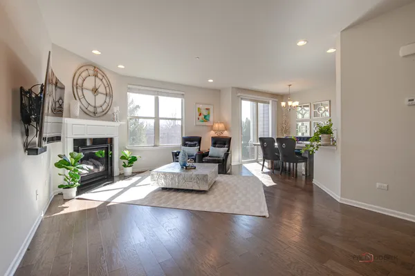 a living room with furniture a fireplace and a chandelier