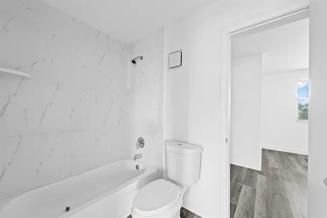 a white toilet sitting next to a bath tub