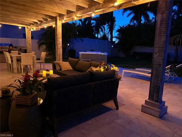 a building outdoor space with patio furniture