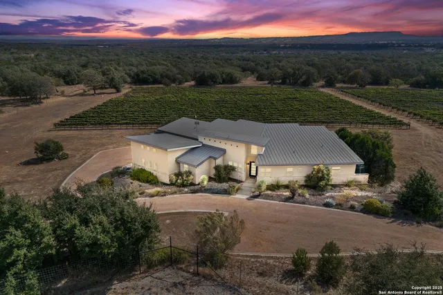 an aerial view of a house with a garden