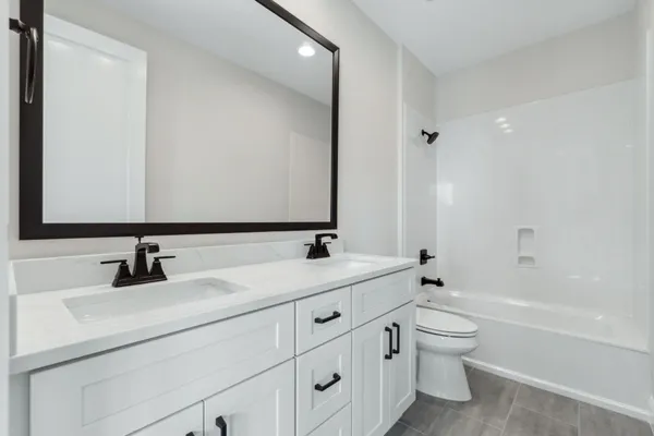 a bathroom with a double vanity sink a toilet and a bathtub