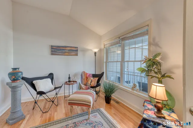 a living room with furniture and a potted plant