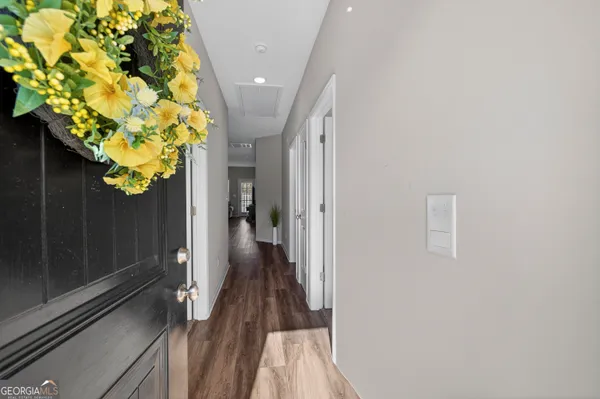 a view of a hallway with a potted plant on a counter