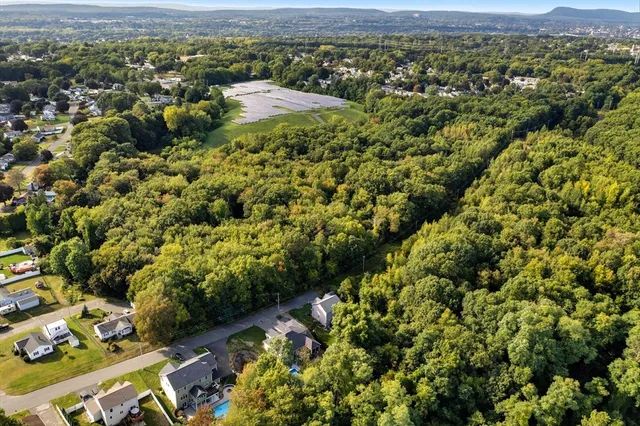 an aerial view of residential houses with outdoor space and mountain view