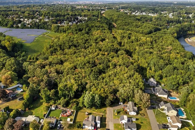 an aerial view of residential houses with outdoor space and trees