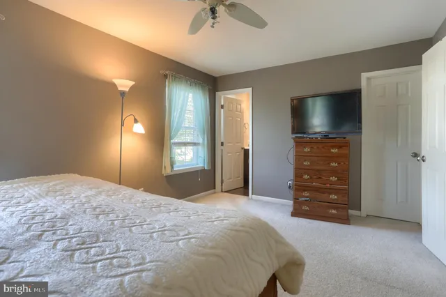 a bedroom with a bed and a ceiling fan