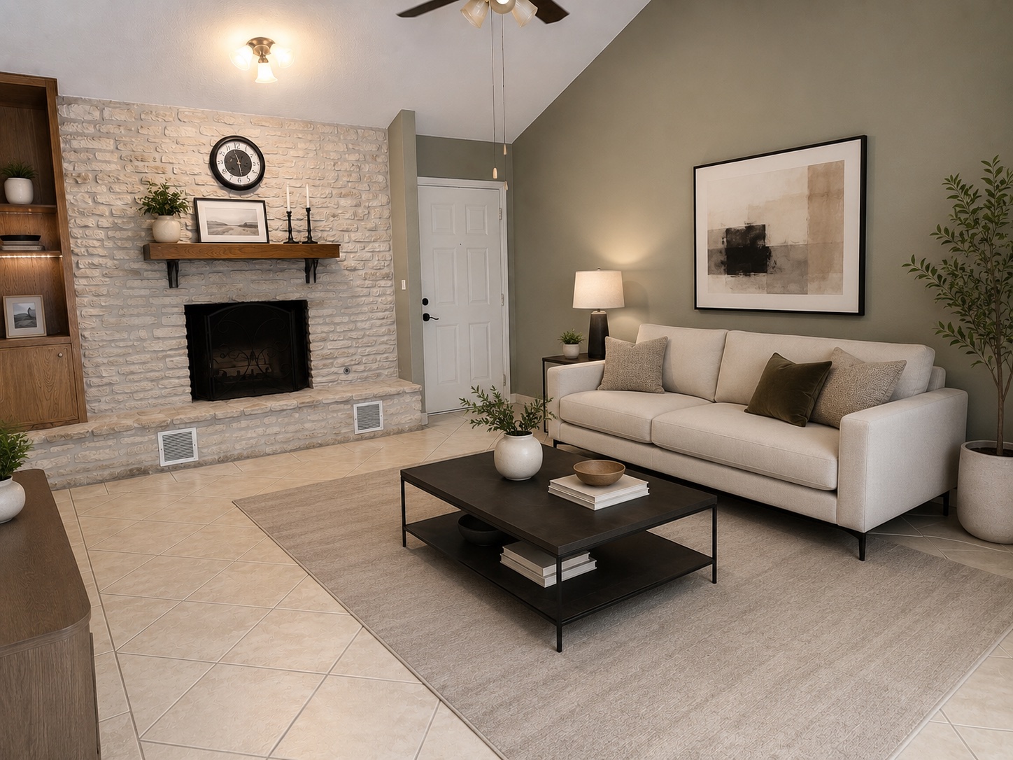 A striking fireplace crafted from light-colored stone is the focal point of this warm living area. Virtually Staged.