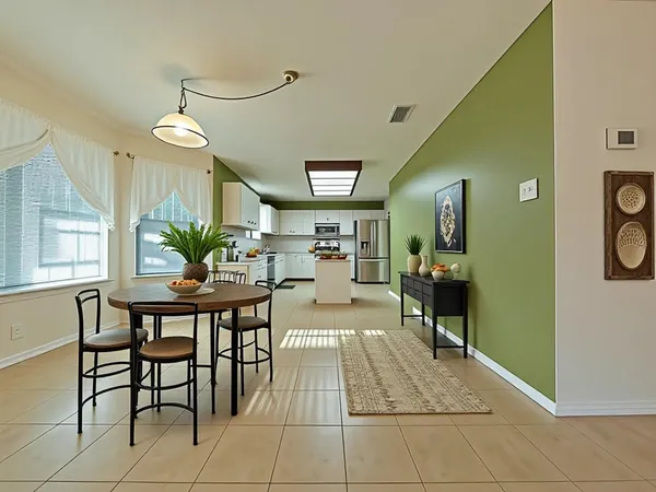 a view of a dining room with furniture