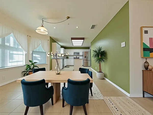 a view of a dining room with furniture and a chandelier