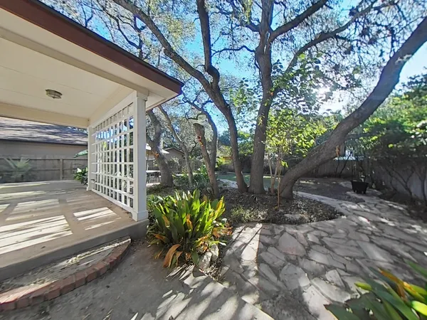 a view of a pathway with flower plants