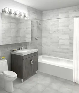 a bathroom with a sink vanity mirror bathtub and toilet