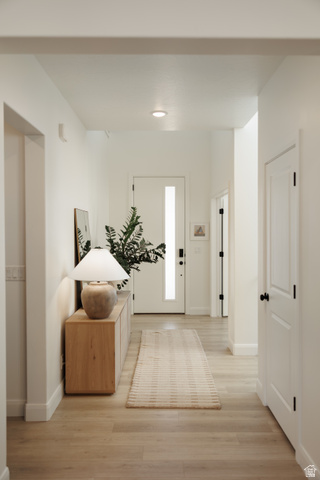 629 Spring Lily Drive St. George, UT 84790 - Photo 17 of 50 Bright hallway featuring light wood-finish flooring, recessed lighting, and a white entry door with a vertical frosted glass insert