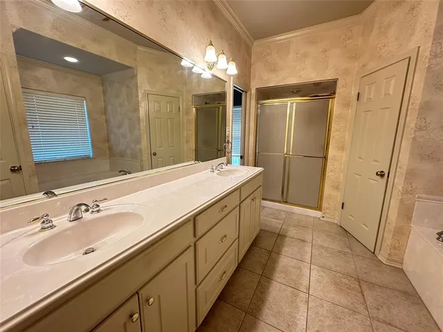 a bathroom with a double vanity sink a mirror and a shower
