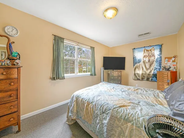 a bedroom with a bed and a flat tv screen on dresser
