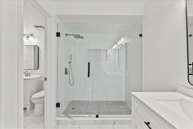 a bathroom with a granite countertop sink a toilet and shower