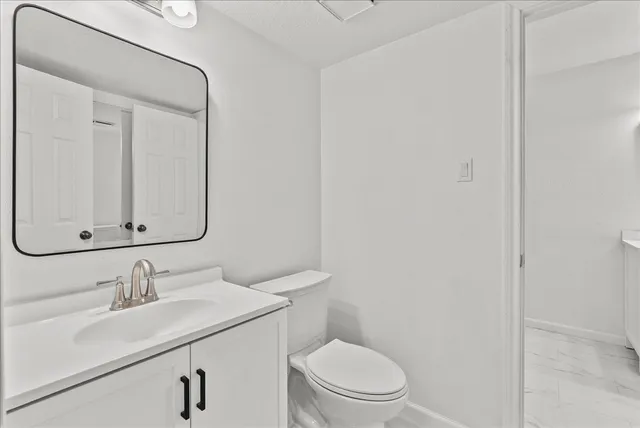 a bathroom with a sink toilet and mirror