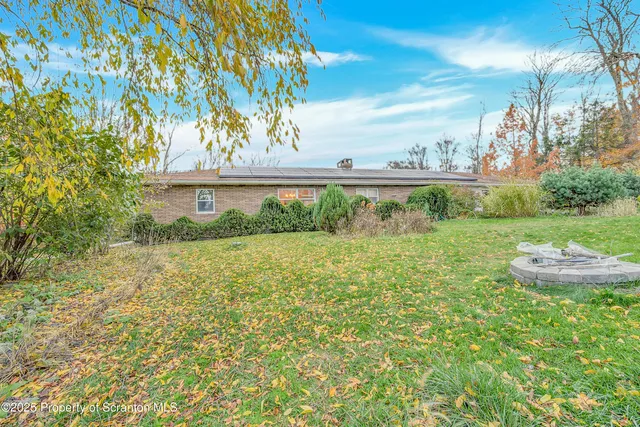 a view of a water fountain and large trees