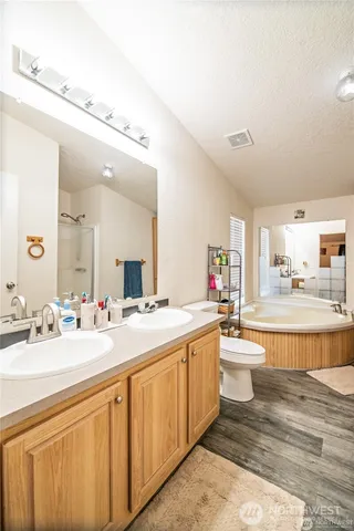 a spacious bathroom with a sink a mirror and a bathtub
