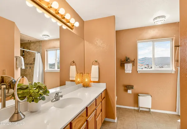 a bathroom with a sink mirror and a shower