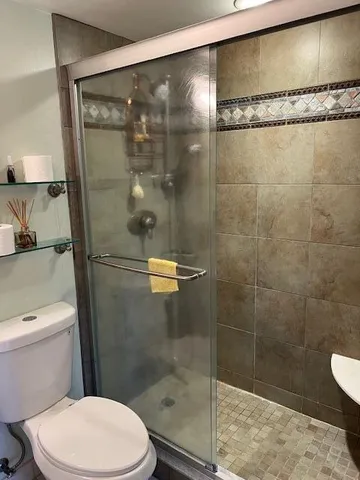 a bathroom with a shower a toilet and a sink
