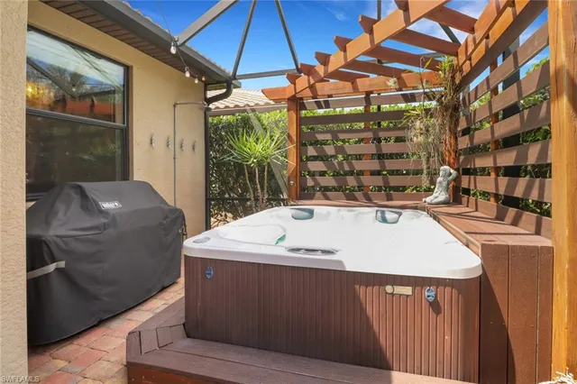 a garden view with a seating space