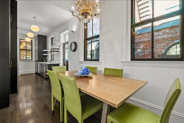 a view of a dining room with furniture and window