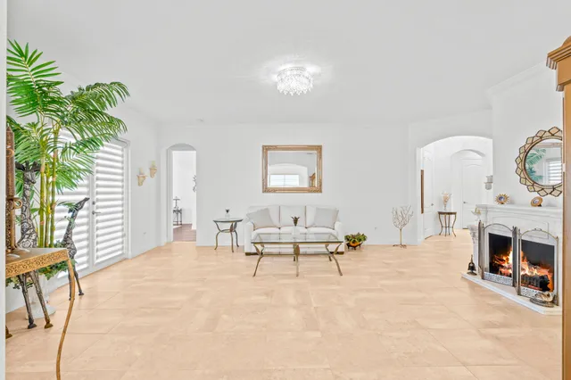 a living room with furniture a large window and a potted plant