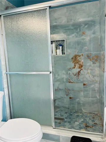 a bathroom with a shower and a toilet