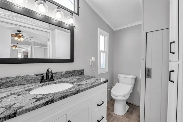 a bathroom with a granite countertop sink mirror vanity and toilet