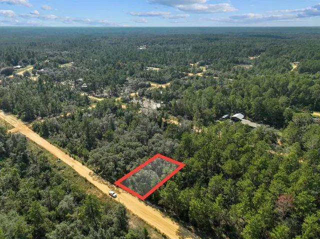 an aerial view of residential houses with outdoor space and trees